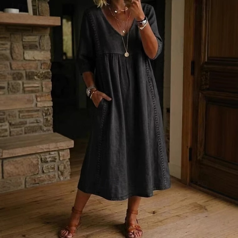Abito Midi in Simil Denim leggero con scollo a V e manica sotto il gomito