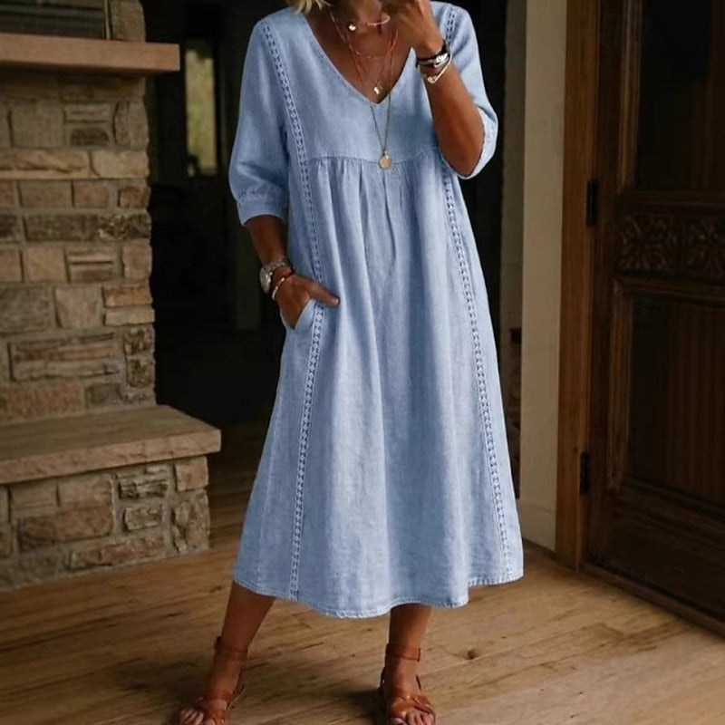 Abito Midi in Simil Denim leggero con scollo a V e manica sotto il gomito