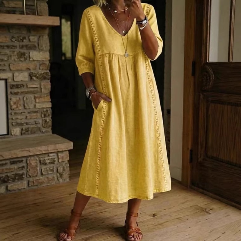 Abito Midi in Simil Denim leggero con scollo a V e manica sotto il gomito